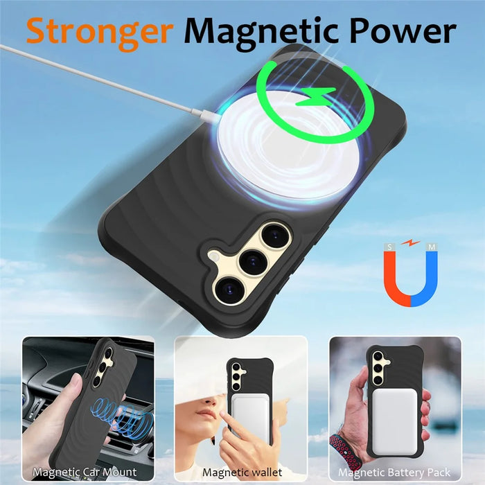 For Samsung Galaxy S26+ Magnetic Case Ripple Texture Liquid Silicone Protective Cover with Strap - Black - 5