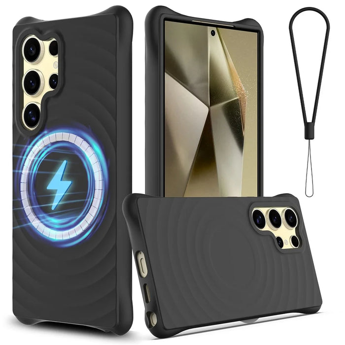 For Samsung Galaxy S26 Ultra Magnetic Case Ripple Texture Liquid Silicone Protective Cover with Strap - Black - 1