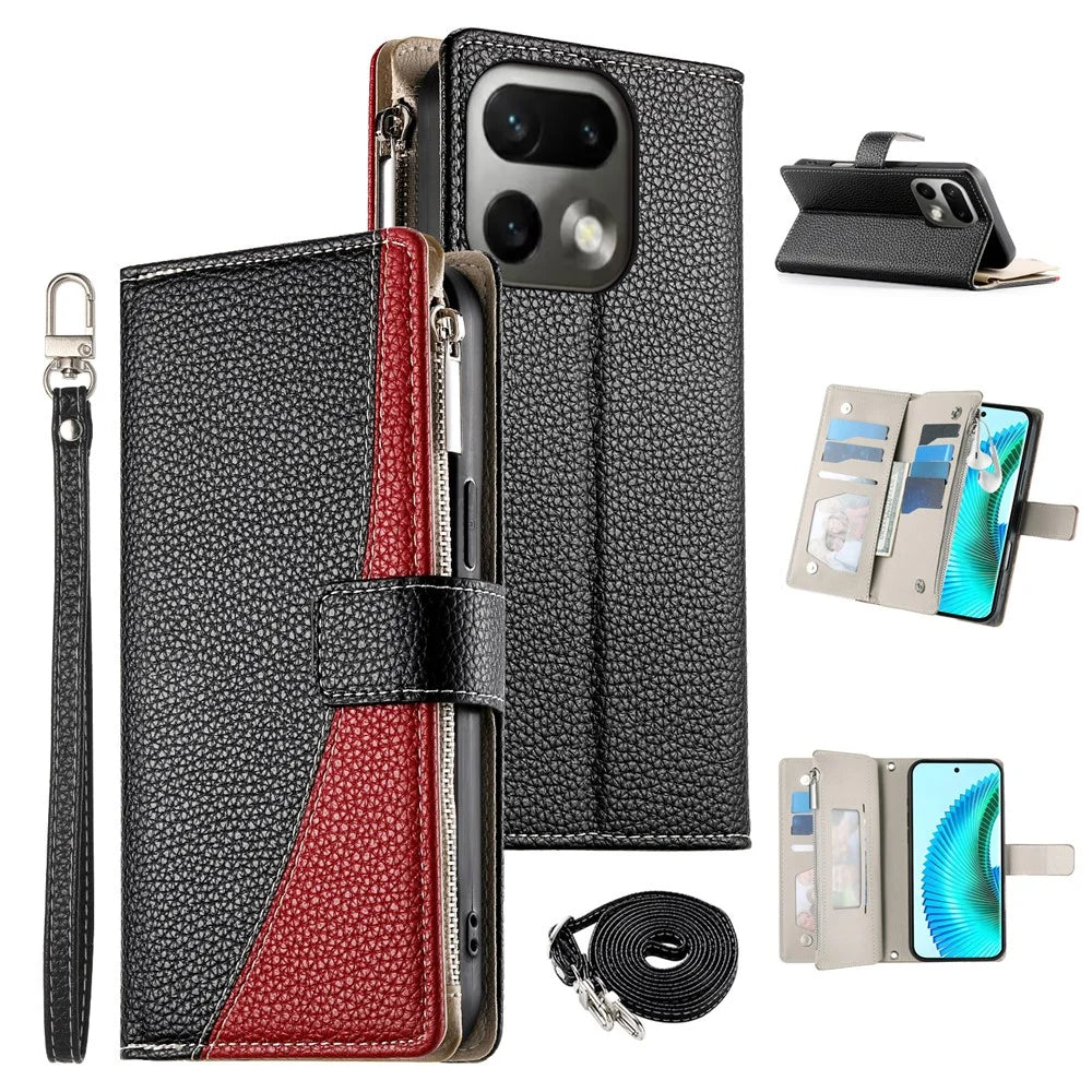 For Realme 16 Pro 5G Case Zipper Wallet Color Splicing Flip Leather Phone Cover with Straps - Black - 1