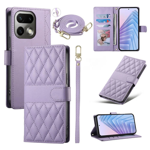 For Realme 16 Pro 5G Wallet Case Rhombus Stitching Stand Leather Phone Cover with Long  /  Short Strap - Purple - 1