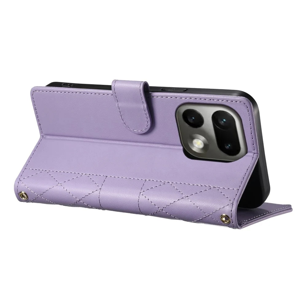 For Realme 16 Pro 5G Wallet Case Rhombus Stitching Stand Leather Phone Cover with Long  /  Short Strap - Purple - 4