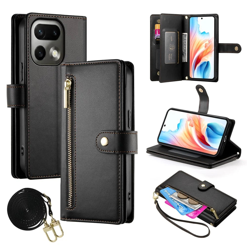 For Realme 16 Pro 5G Leather Case Zipper Pocket Wallet Phone Cover with Straps - Black - 1