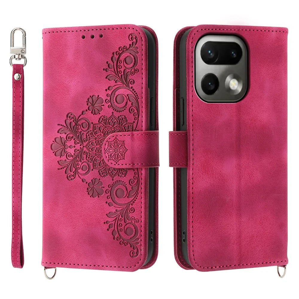 For Realme 16 Pro 5G Wallet Case Flower Pattern PU Leather Phone Cover with Strap - Wine Red - 1