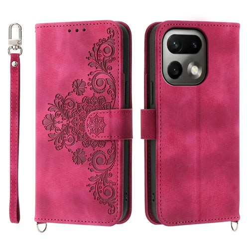 For Realme 16 Pro 5G Wallet Case Flower Pattern PU Leather Phone Cover with Strap - Wine Red - 1