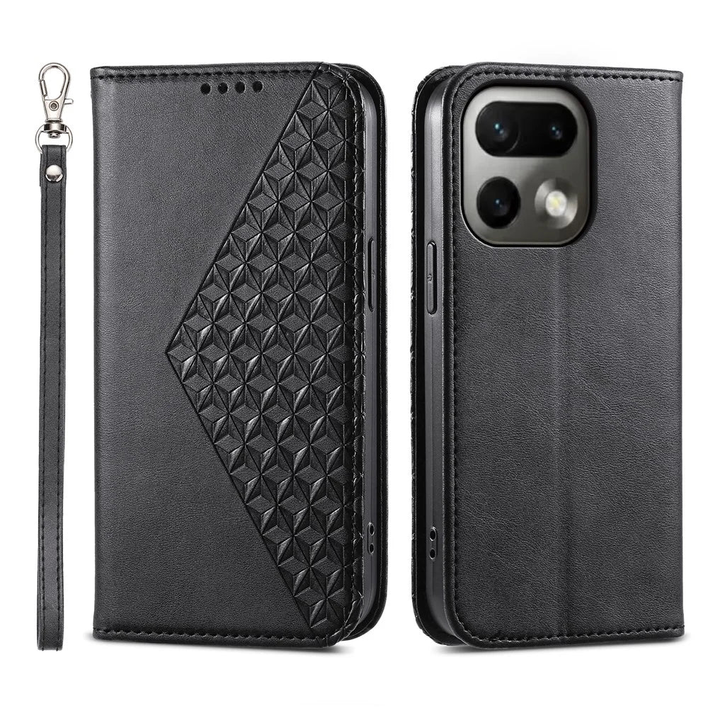 For Realme 16 Pro 5G Case Calf Texture PU Leather Wallet Phone Cover with Wrist Strap - Black - 1