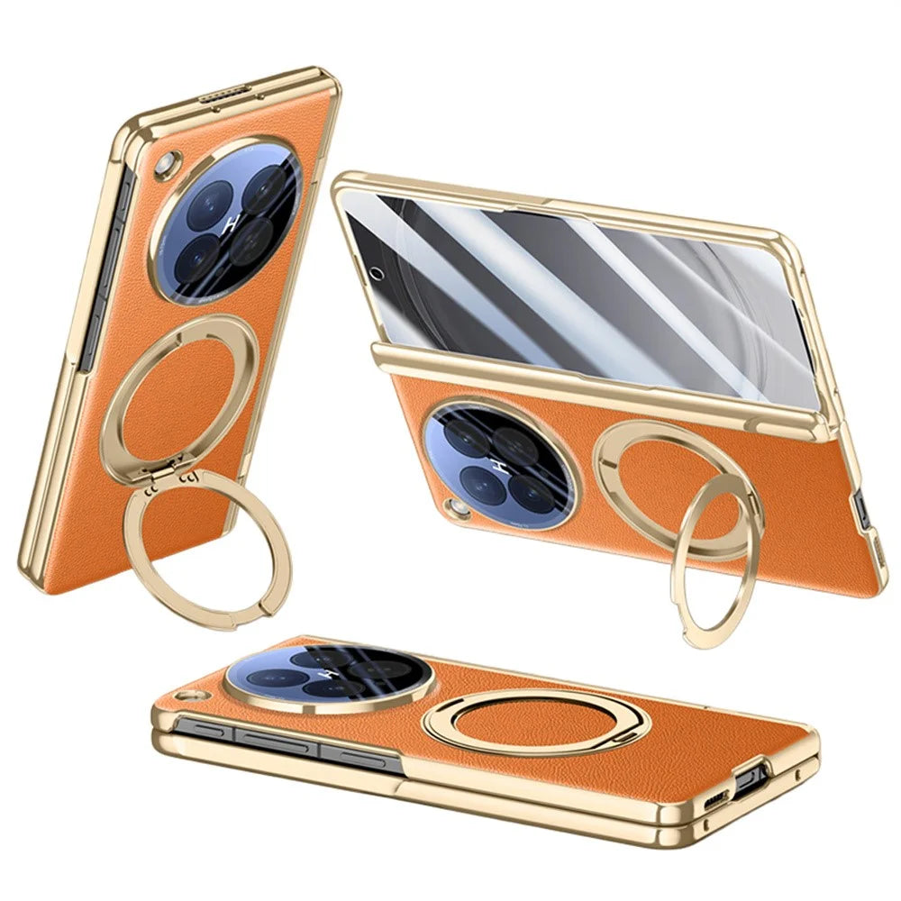 For Oppo Find N6 5G Magnetic Case with Tempered Glass 360° Rotatable Metal Ring Kickstand PU Leather + PC + Acrylic Cover - Orange - 1
