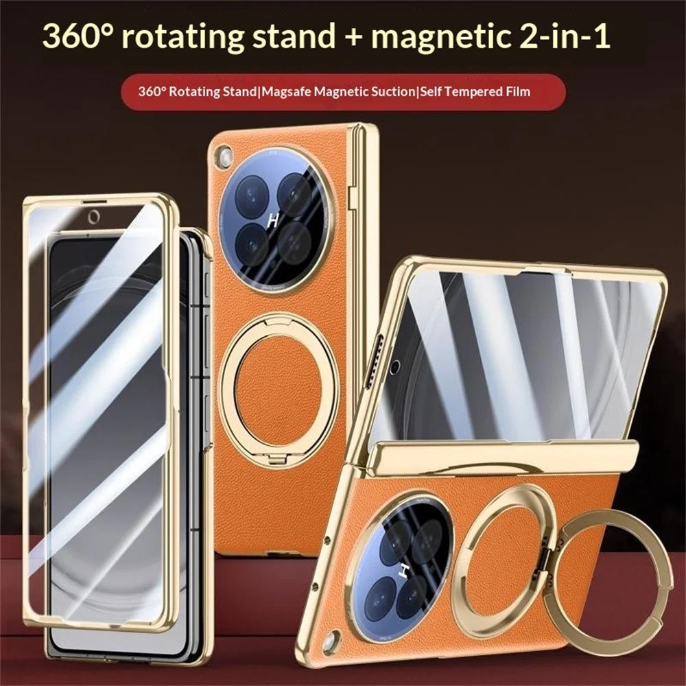 For Oppo Find N6 5G Magnetic Case with Tempered Glass 360° Rotatable Metal Ring Kickstand PU Leather + PC + Acrylic Cover - Orange - 3