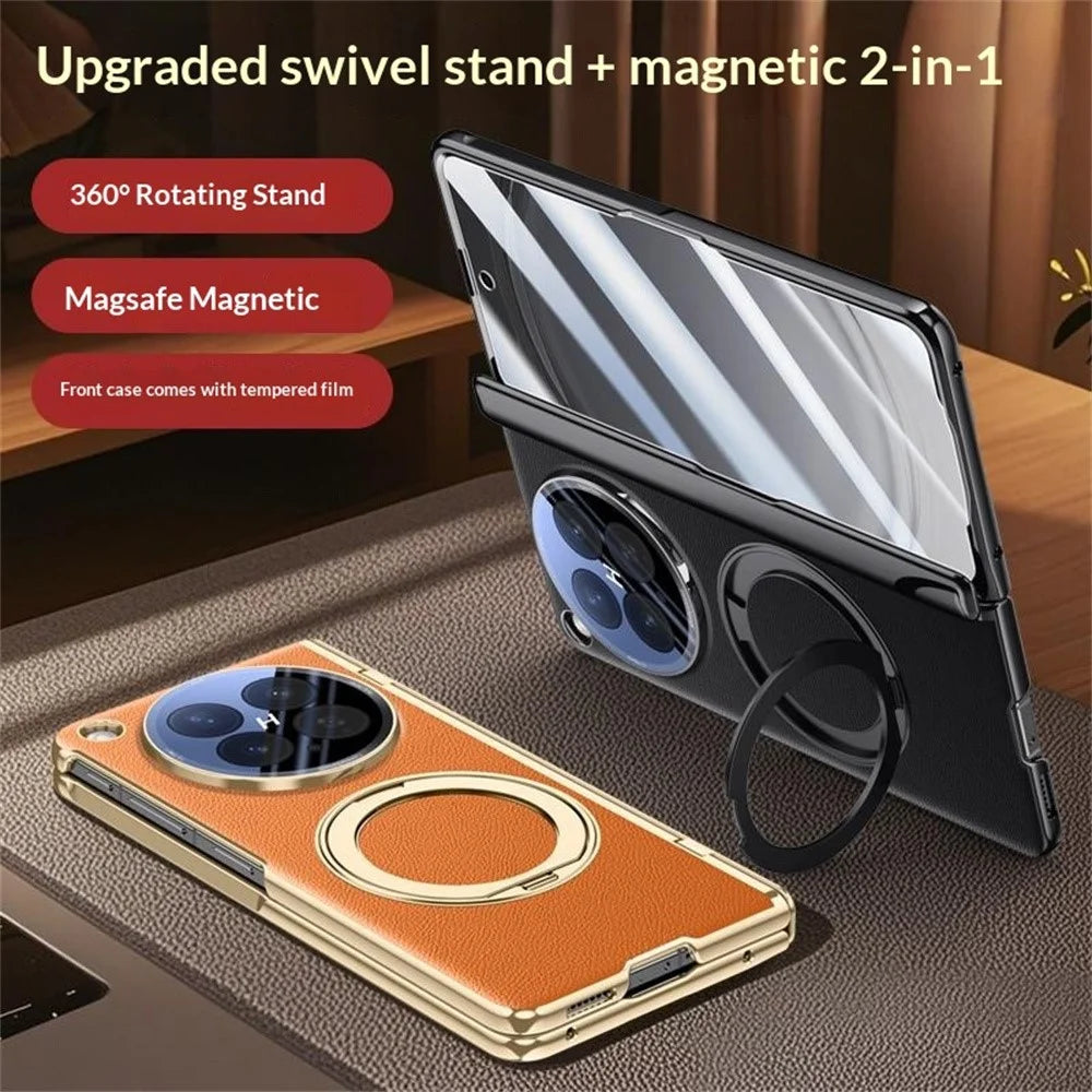 For Oppo Find N6 5G Magnetic Case with Tempered Glass 360° Rotatable Metal Ring Kickstand PU Leather + PC + Acrylic Cover - Orange - 4