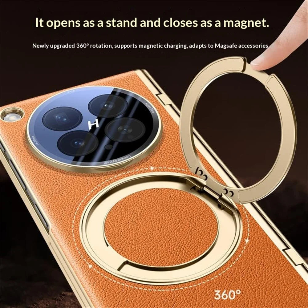 For Oppo Find N6 5G Magnetic Case with Tempered Glass 360° Rotatable Metal Ring Kickstand PU Leather + PC + Acrylic Cover - Orange - 5