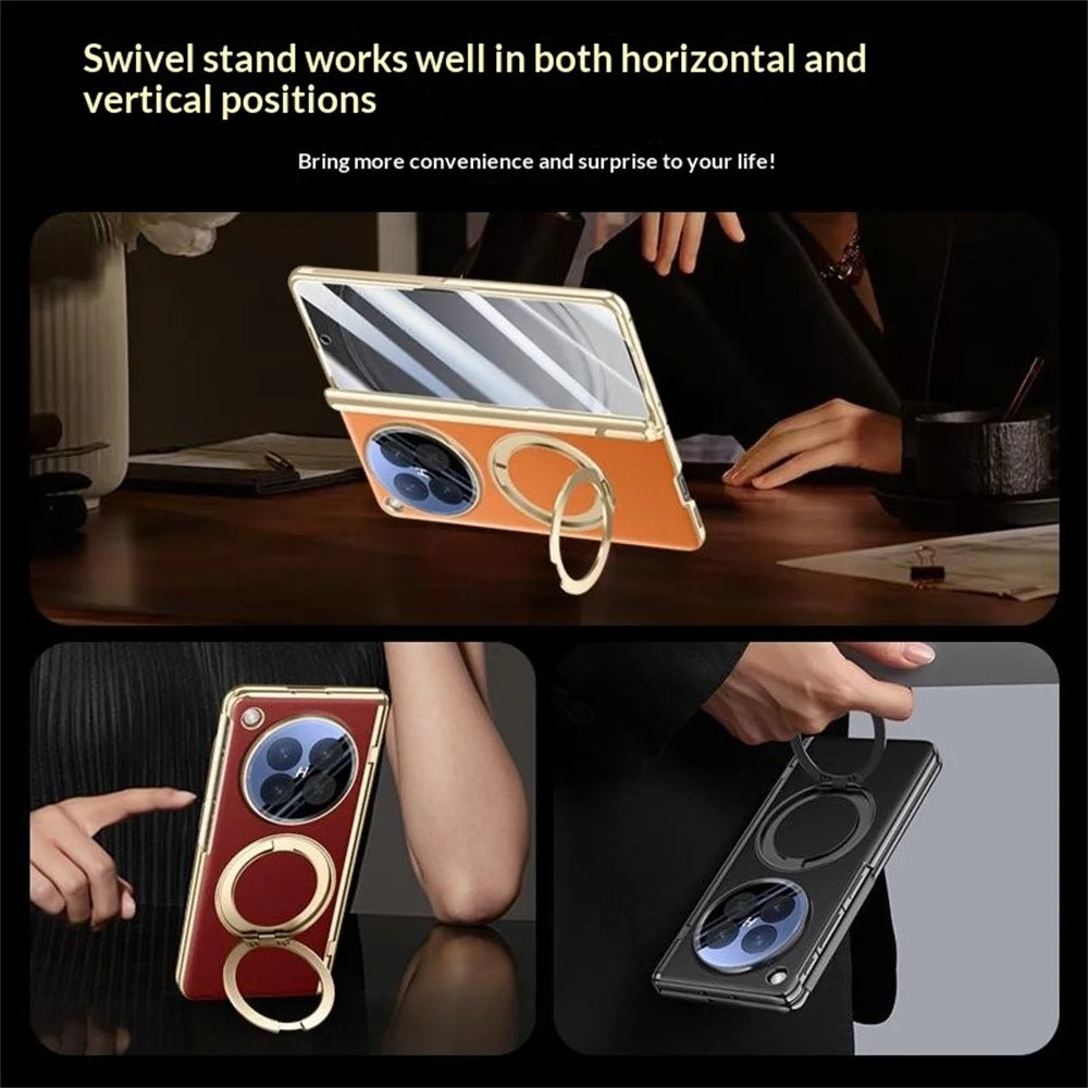 For Oppo Find N6 5G Magnetic Case with Tempered Glass 360° Rotatable Metal Ring Kickstand PU Leather + PC + Acrylic Cover - Orange - 6