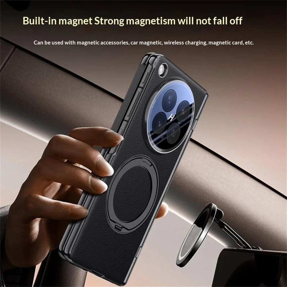 For Oppo Find N6 5G Magnetic Case with Tempered Glass 360° Rotatable Metal Ring Kickstand PU Leather + PC + Acrylic Cover - Orange - 7