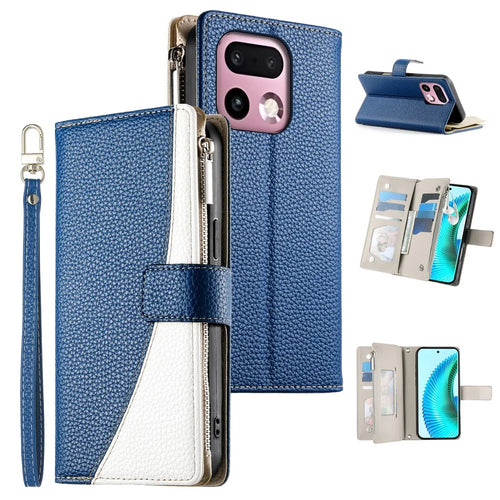 For Realme 16 Pro+ 5G Leather Case Zipper Wallet Color Splicing Flip Phone Cover with Straps - Dark Blue - 1