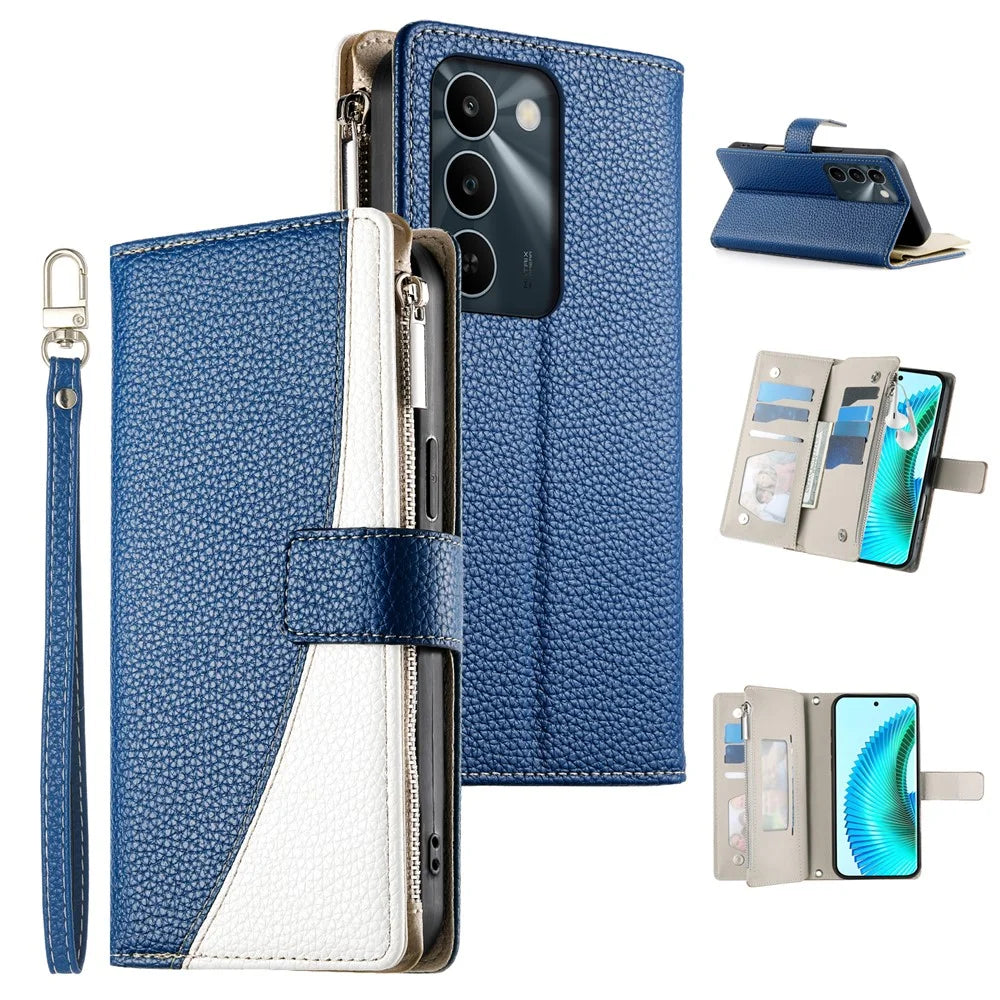 For Realme C100 5G / C83 5G Leather Case Zipper Wallet Color Splicing Flip Phone Cover with Straps - Dark Blue - 1