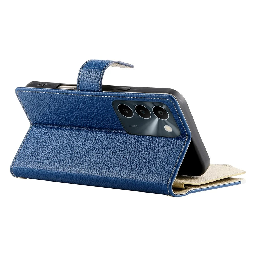 For Realme C100 5G / C83 5G Leather Case Zipper Wallet Color Splicing Flip Phone Cover with Straps - Dark Blue - 4