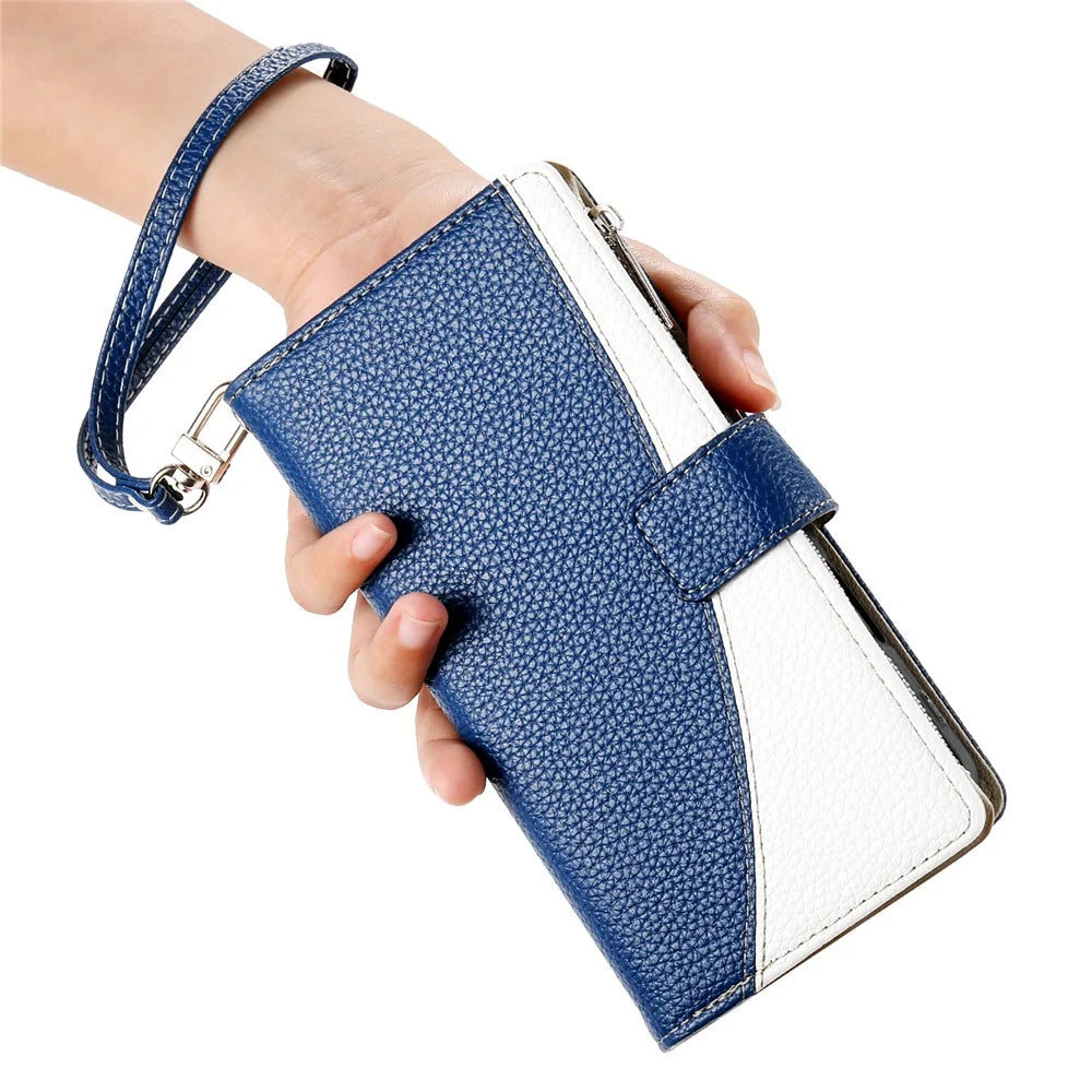For Realme C100 5G / C83 5G Leather Case Zipper Wallet Color Splicing Flip Phone Cover with Straps - Dark Blue - 7