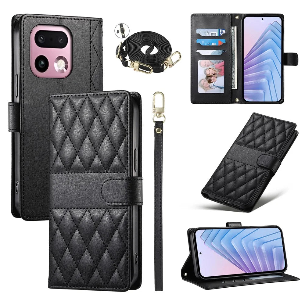 For Realme 16 Pro+ 5G Wallet Case Rhombus Stitching Stand Leather Phone Cover with Long  /  Short Strap - Black - 1