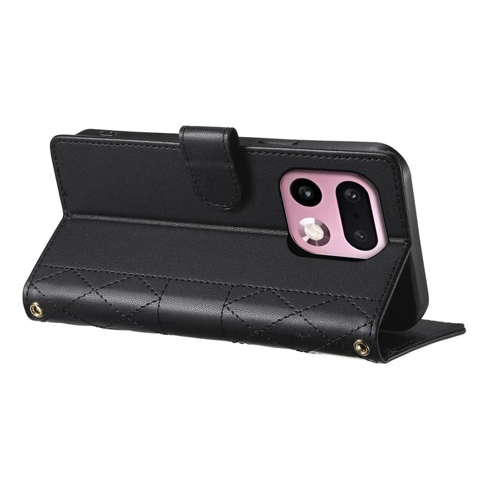 For Realme 16 Pro+ 5G Wallet Case Rhombus Stitching Stand Leather Phone Cover with Long  /  Short Strap - Black - 3