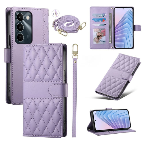 For Realme C100 5G / C83 5G Wallet Case Rhombus Stitching Stand Leather Phone Cover with Long  /  Short Strap - Purple - 1