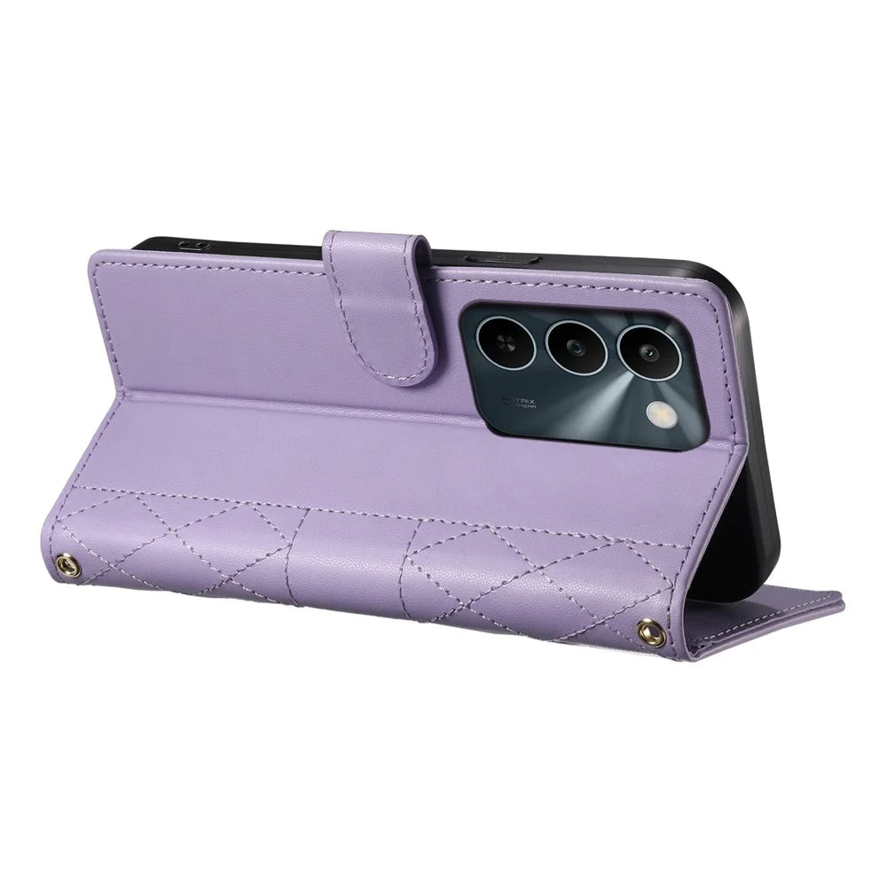For Realme C100 5G / C83 5G Wallet Case Rhombus Stitching Stand Leather Phone Cover with Long  /  Short Strap - Purple - 3
