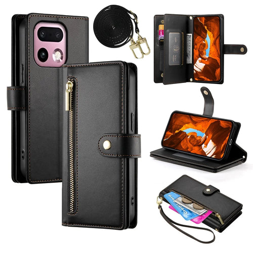 For Realme 16 Pro+ 5G Leather Case Zipper Pocket Wallet Phone Cover with Straps - Black - 1