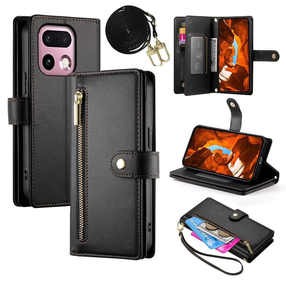 For Realme 16 Pro+ 5G Leather Case Zipper Pocket Wallet Phone Cover with Straps - Black - 1