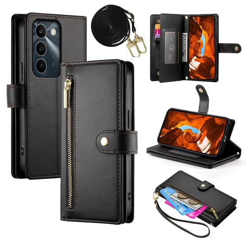 For Realme C100 5G / C83 5G Leather Case Zipper Pocket Wallet Phone Cover with Straps - Black - 1