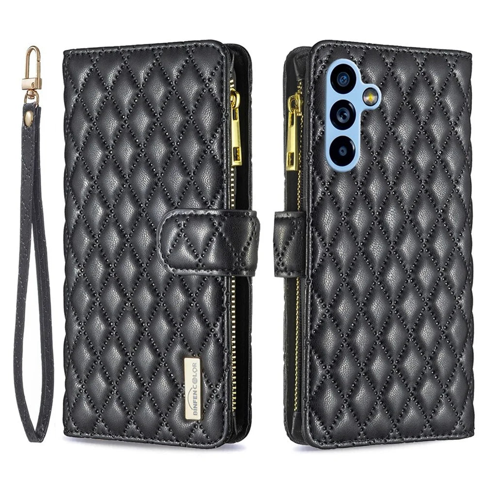 BINFEN COLOR BF Style-15 for Samsung Galaxy A54 5G PU Leather Zipper Pocket Phone Case Imprinted Rhombus Pattern Wallet Foldable Stand Cover with Strap - Black - 1