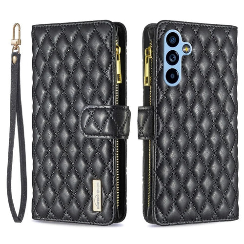 BINFEN COLOR BF Style-15 for Samsung Galaxy A54 5G PU Leather Zipper Pocket Phone Case Imprinted Rhombus Pattern Wallet Foldable Stand Cover with Strap - Black - 1