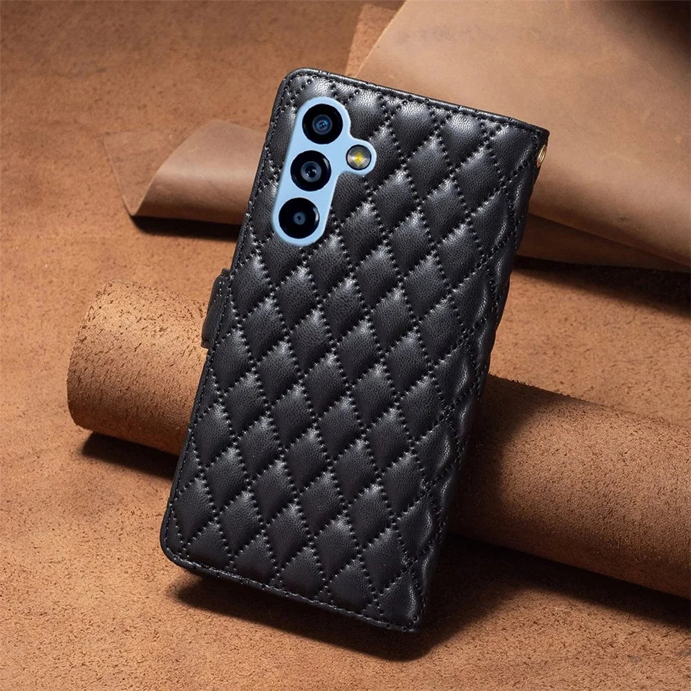 BINFEN COLOR BF Style-15 for Samsung Galaxy A54 5G PU Leather Zipper Pocket Phone Case Imprinted Rhombus Pattern Wallet Foldable Stand Cover with Strap - Black - 6