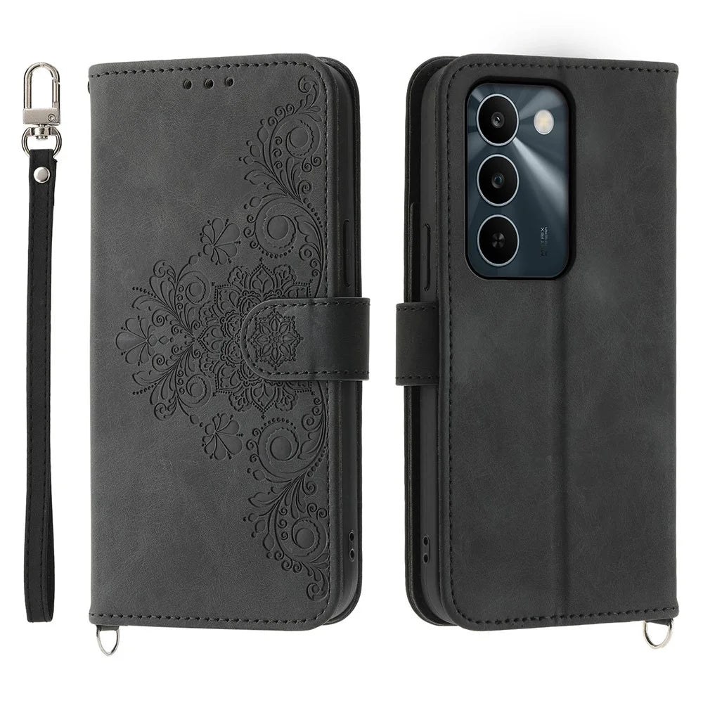 For Realme C100 5G / C83 5G Wallet Case Flower Pattern PU Leather Phone Cover with Strap - Black - 1