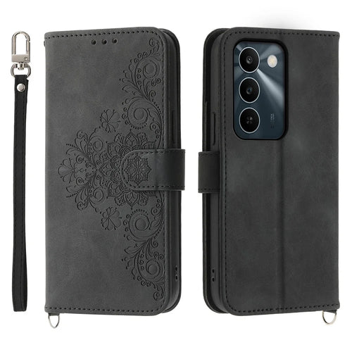 For Realme C100 5G / C83 5G Wallet Case Flower Pattern PU Leather Phone Cover with Strap - Black - 1