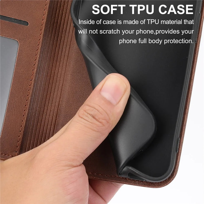 For Realme 16 Pro+ 5G Case Calf Texture PU Leather Wallet Phone Cover with Wrist Strap - Brown - 6