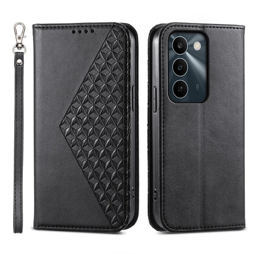 For Realme C100 5G / C83 5G Case Calf Texture PU Leather Wallet Phone Cover with Wrist Strap - Black - 1