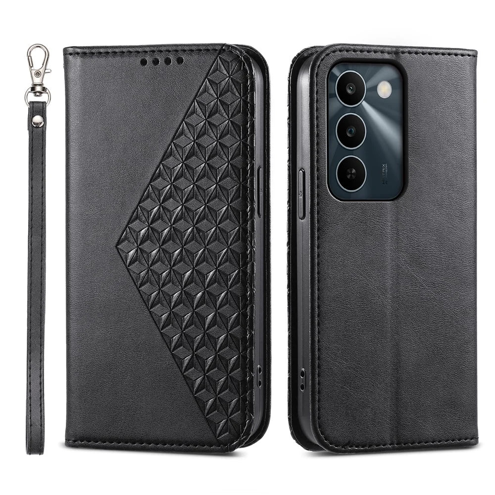 For Realme C100 5G / C83 5G Case Calf Texture PU Leather Wallet Phone Cover with Wrist Strap - Black - 1