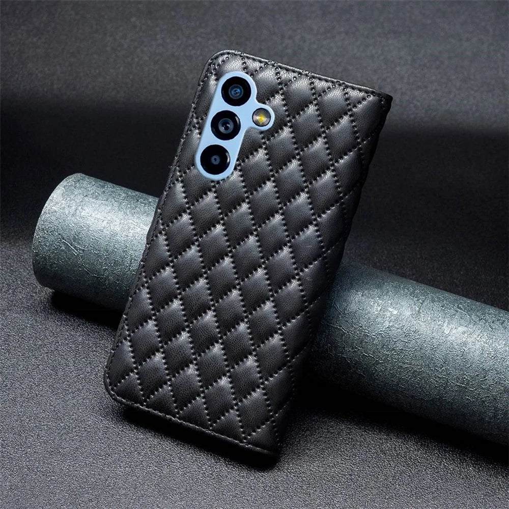 BINFEN COLOR BF Style-14 For Samsung Galaxy A54 5G Wallet Phone Case Imprinted Rhombus Pattern Protective Case Magnetic Closure PU Leather Cover with Stand - Black - 5
