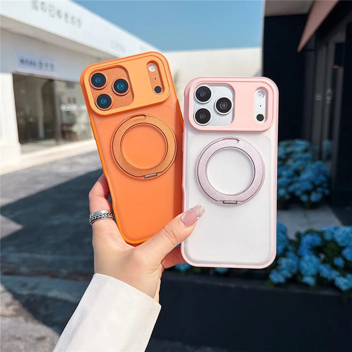 For iPhone 17 Pro Max Magnetic Case Rotating Ring Kickstand PC + TPU Skin-touch Phone Cover - Transparent Orange - 5
