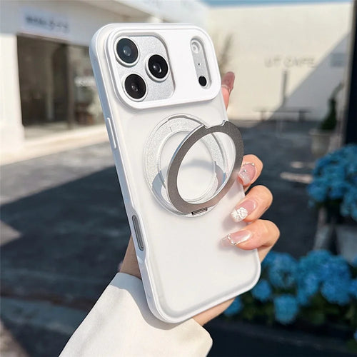 For iPhone  18 Pro / 17  Pro Magnetic Case Rotating Ring Kickstand PC + TPU Skin-touch Phone Cover - Transparent White - 1