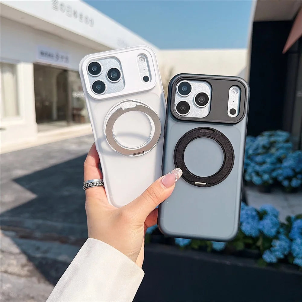 For iPhone  18 Pro / 17  Pro Magnetic Case Rotating Ring Kickstand PC + TPU Skin-touch Phone Cover - Transparent White - 4