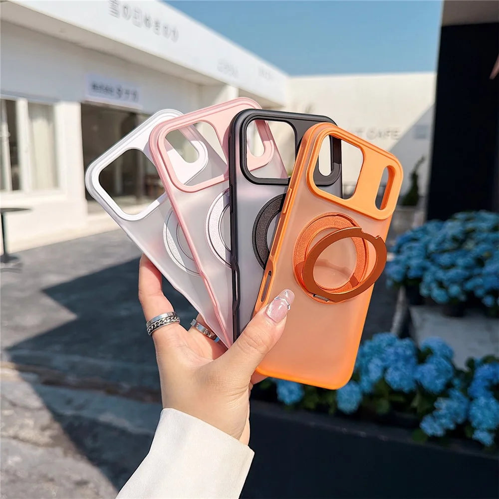 For iPhone  18 Pro / 17  Pro Magnetic Case Rotating Ring Kickstand PC + TPU Skin-touch Phone Cover - Transparent White - 6