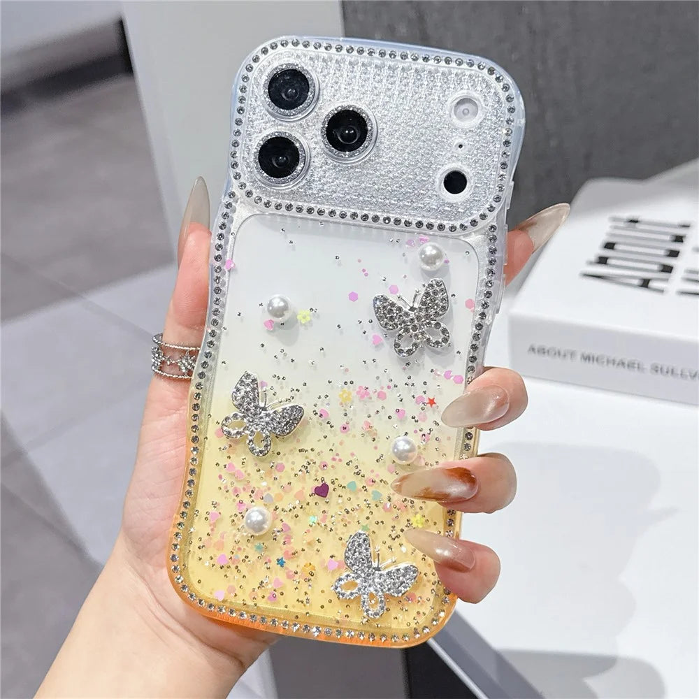 For iPhone  18 Pro / 17  Pro TPU Case Rhinestone Butterfly Pearl Glitter Epoxy Phone Cover with Glass Lens Protector - Gradient Yellow - 1