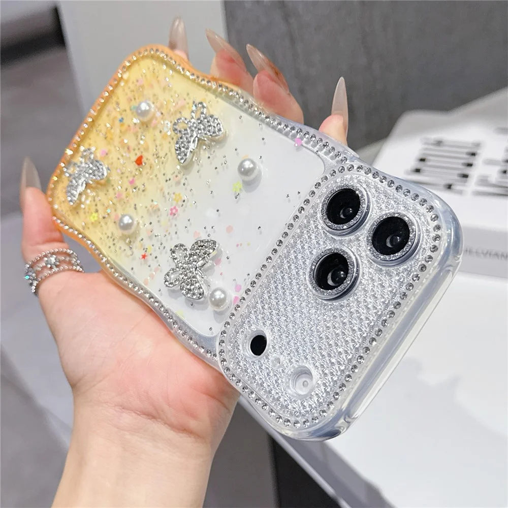 For iPhone  18 Pro / 17  Pro TPU Case Rhinestone Butterfly Pearl Glitter Epoxy Phone Cover with Glass Lens Protector - Gradient Yellow - 2
