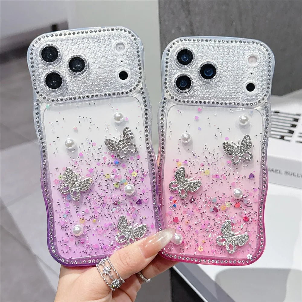 For iPhone  18 Pro / 17  Pro TPU Case Rhinestone Butterfly Pearl Glitter Epoxy Phone Cover with Glass Lens Protector - Gradient Yellow - 3