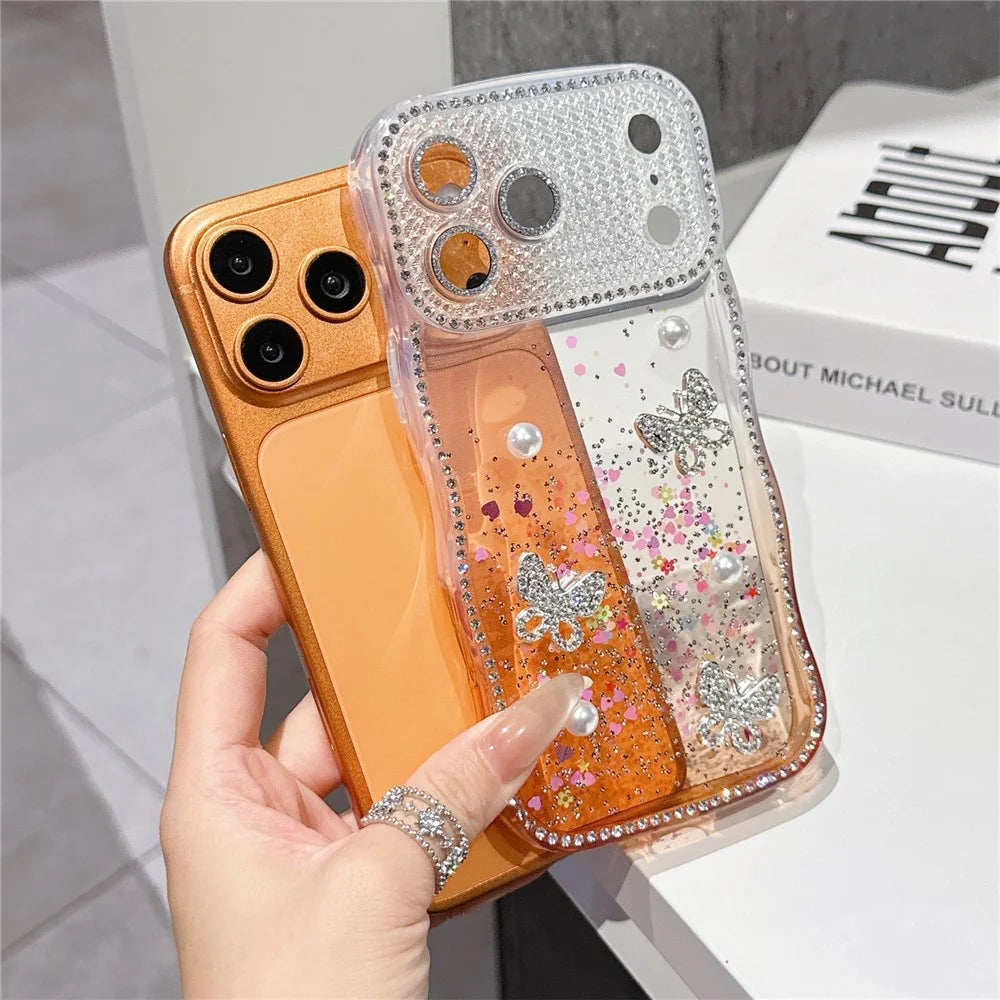 For iPhone  18 Pro / 17  Pro TPU Case Rhinestone Butterfly Pearl Glitter Epoxy Phone Cover with Glass Lens Protector - Gradient Yellow - 4