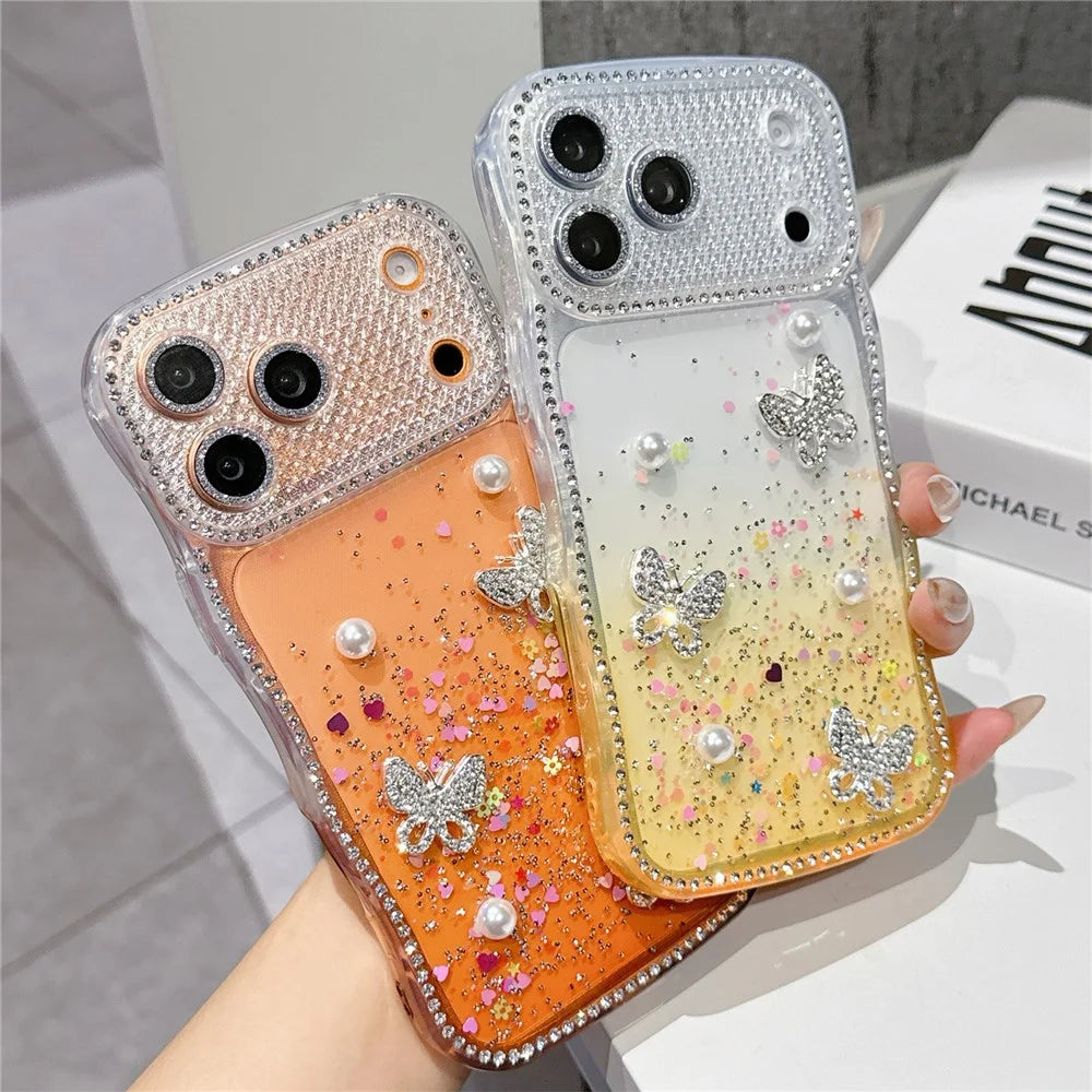 For iPhone  18 Pro / 17  Pro TPU Case Rhinestone Butterfly Pearl Glitter Epoxy Phone Cover with Glass Lens Protector - Gradient Yellow - 5