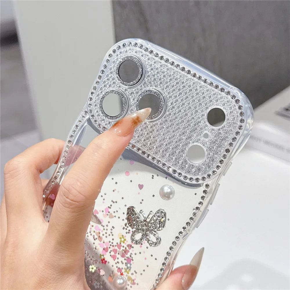 For iPhone  18 Pro / 17  Pro TPU Case Rhinestone Butterfly Pearl Glitter Epoxy Phone Cover with Glass Lens Protector - Gradient Yellow - 6