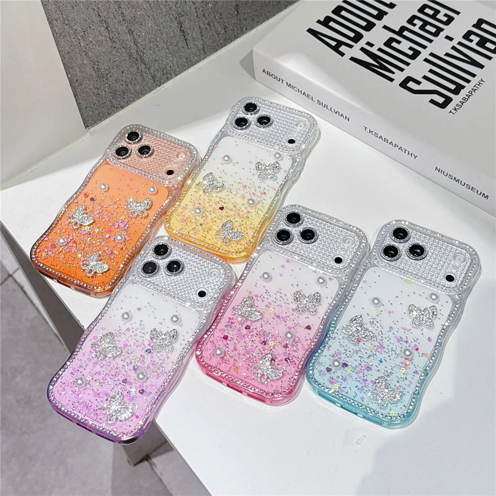 For iPhone  18 Pro / 17  Pro TPU Case Rhinestone Butterfly Pearl Glitter Epoxy Phone Cover with Glass Lens Protector - Gradient Yellow - 7