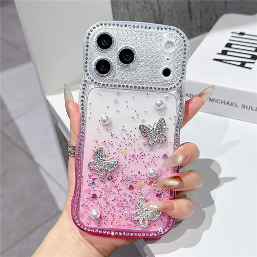 For iPhone 17 Pro Max TPU Case Rhinestone Butterfly Pearl Glitter Epoxy Phone Cover with Glass Lens Protector - Gradient Pink - 1