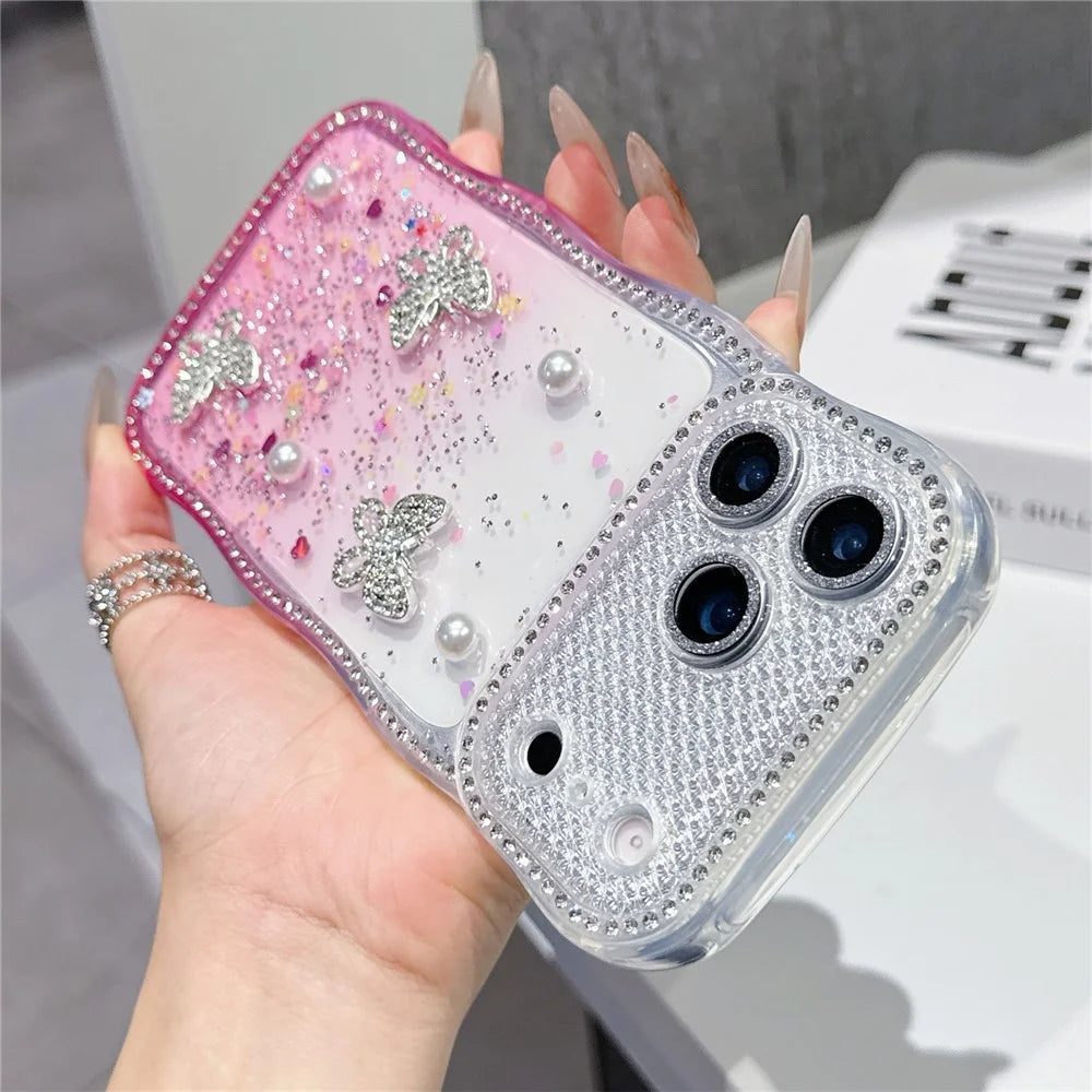 For iPhone 17 Pro Max TPU Case Rhinestone Butterfly Pearl Glitter Epoxy Phone Cover with Glass Lens Protector - Gradient Pink - 2