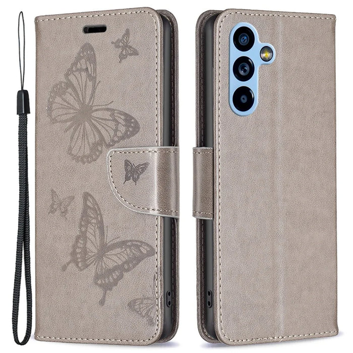 For Samsung Galaxy A54 5G Wallet Case Imprinted Butterflies Leather Phone Cover with Strap - Grey - 1