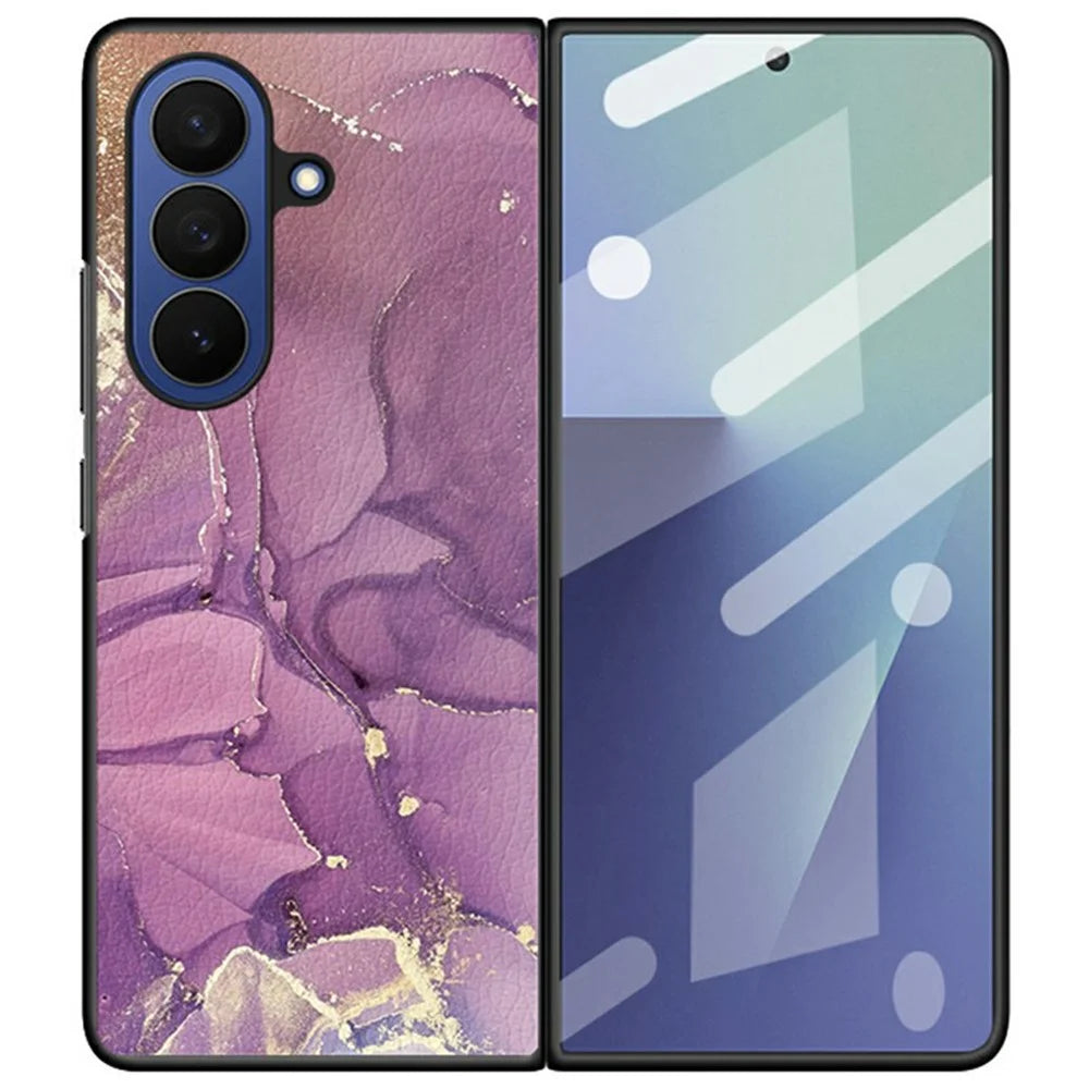 For Samsung Galaxy Z Fold7 5G Case Marble Texture PU Leather Coated PC Foldable Phone Cover - Noble Purple Marble - 1